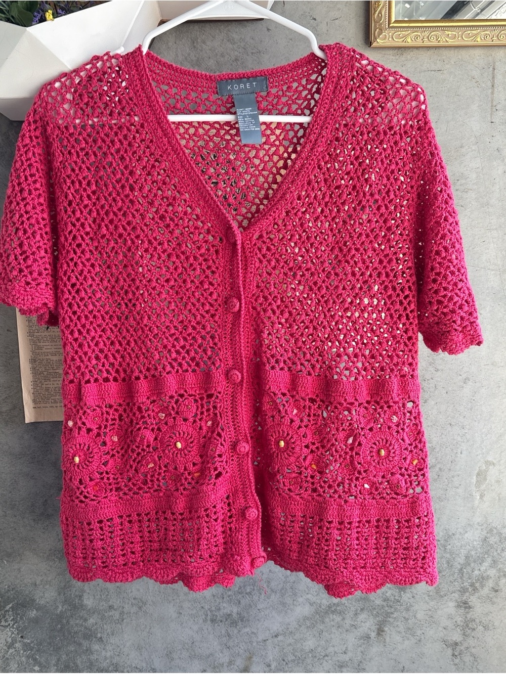 Koret Hot Pink Crochet Openwork Short Sleeve Cardigan
